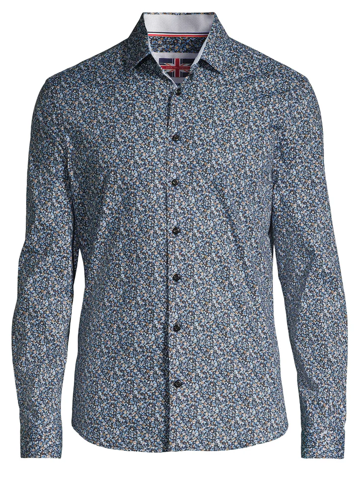 Chemise manches longues extensible bleue à motif floral