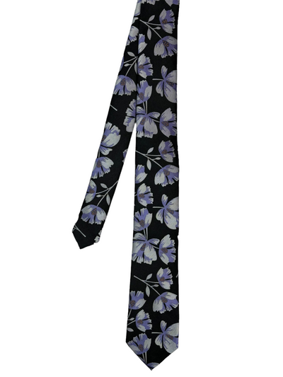 Cravate noire à motif floral mauve