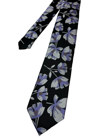 Cravate noire à motif floral mauve