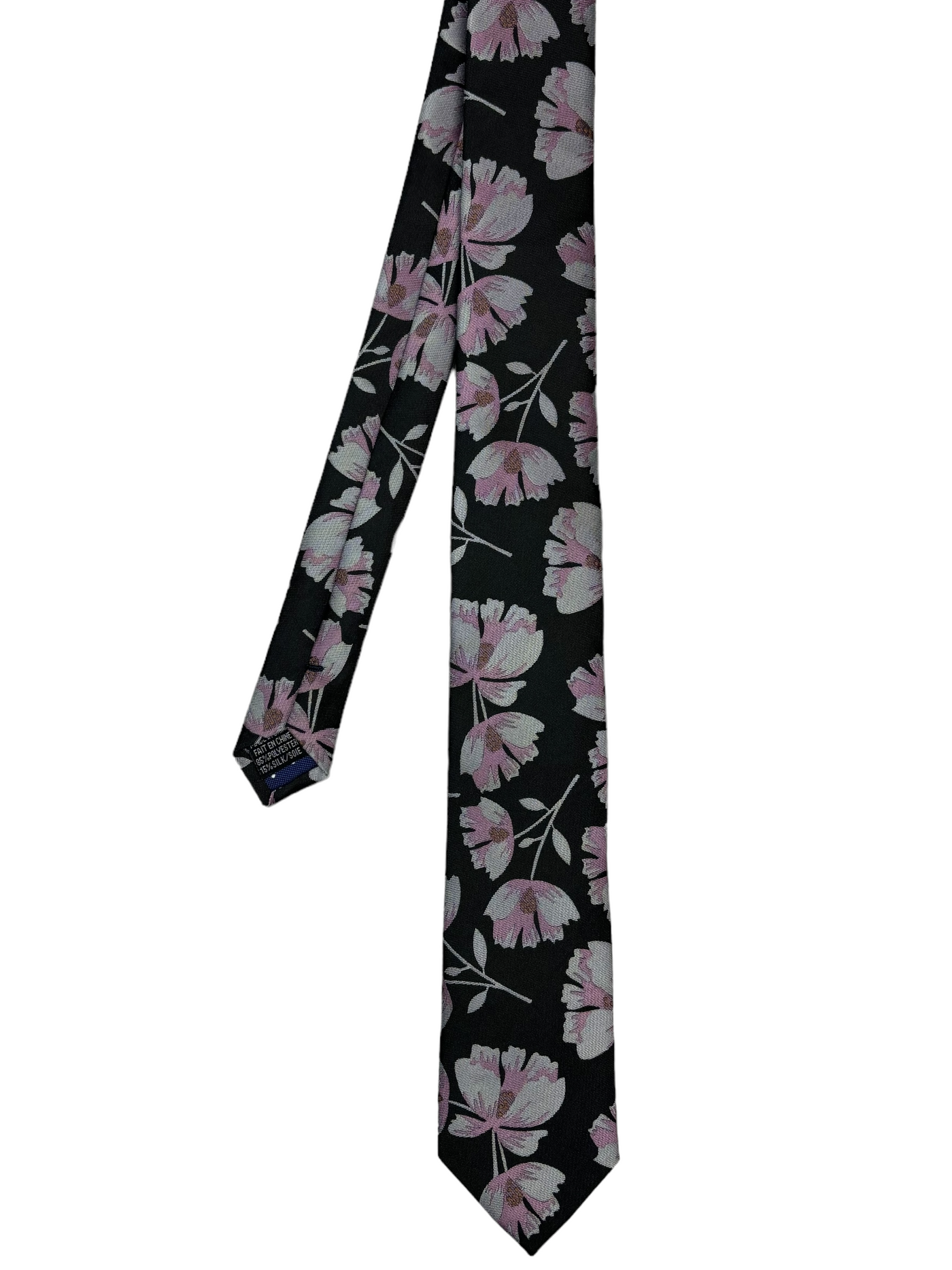 Cravate noire à motif floral rose