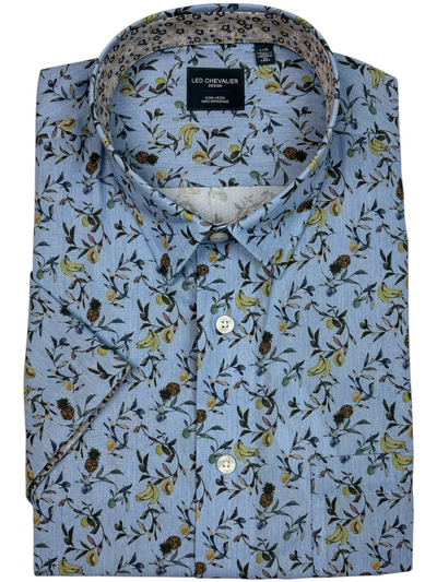 Chemise manches courtes bleue à imprimé de fruits