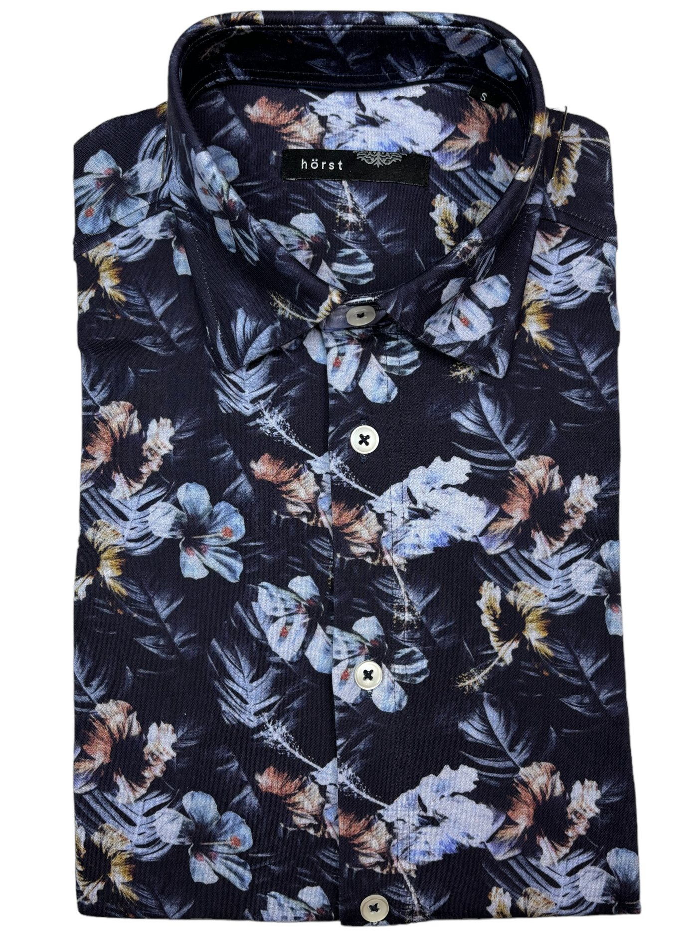 Chemise manches courtes extensible marine à motif floral
