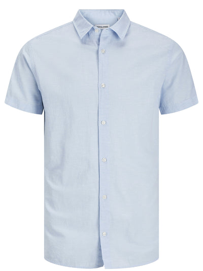 Chemise manches courtes bleue en mélange de lin