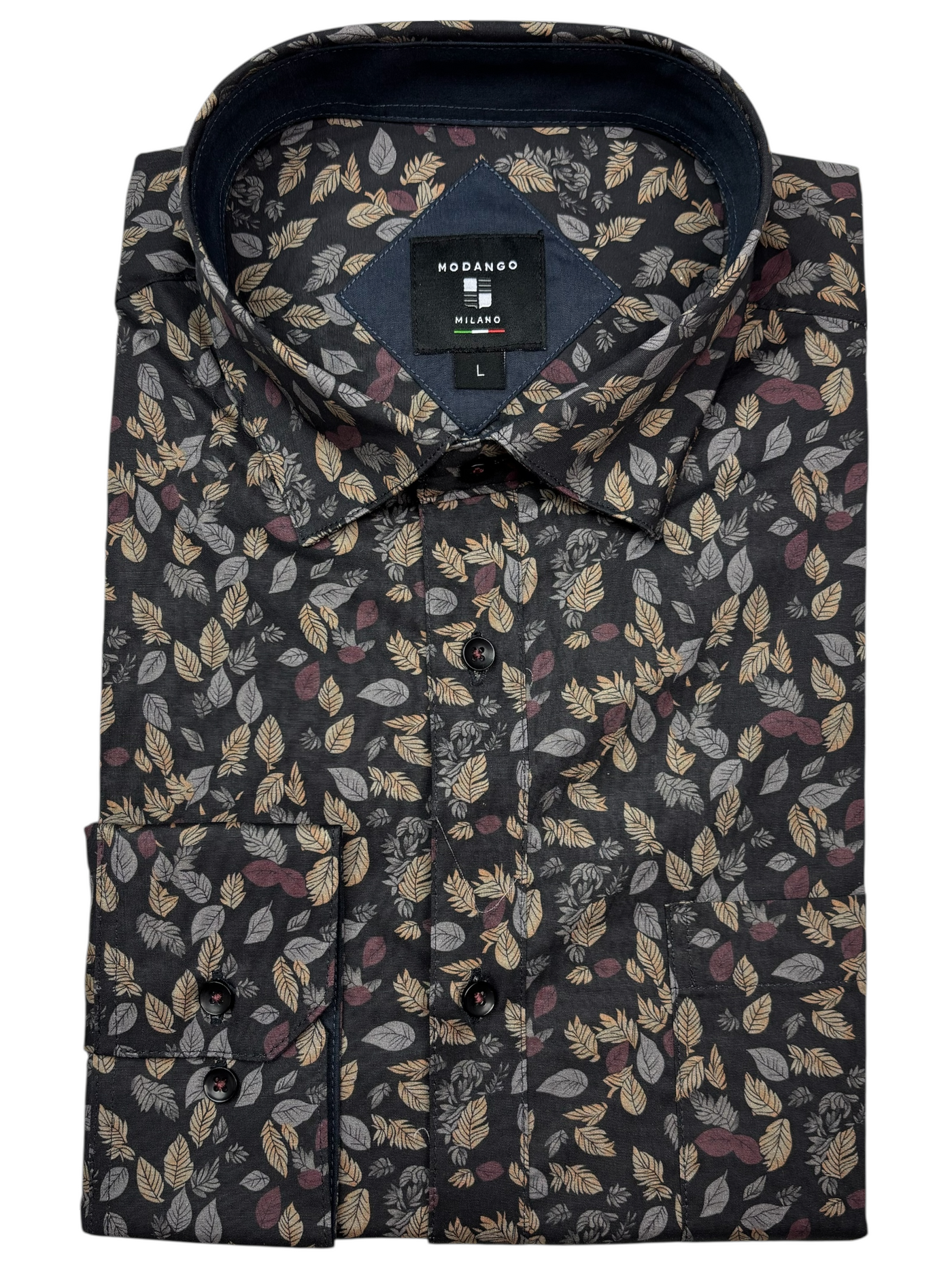 Chemise manches longues noire à imprimé de feuilles