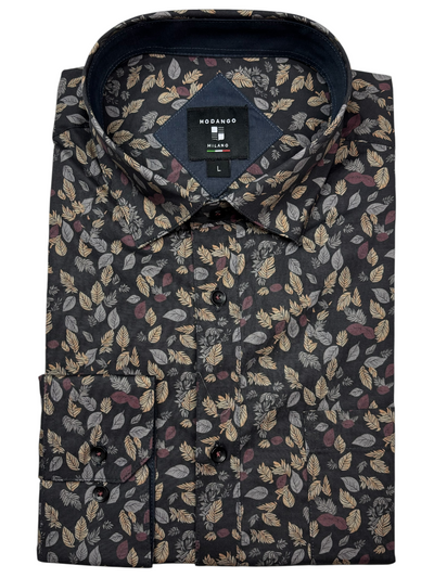 Chemise manches longues noire à imprimé de feuilles