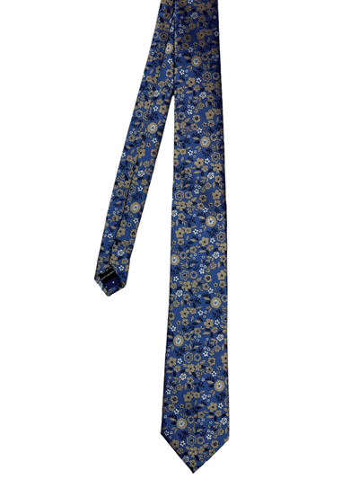 Cravate bleue à motif floral brun