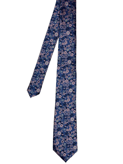 Cravate bleue à motif floral rose