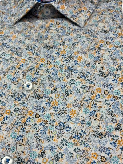 Chemise manches courtes bleue à imprimé floral