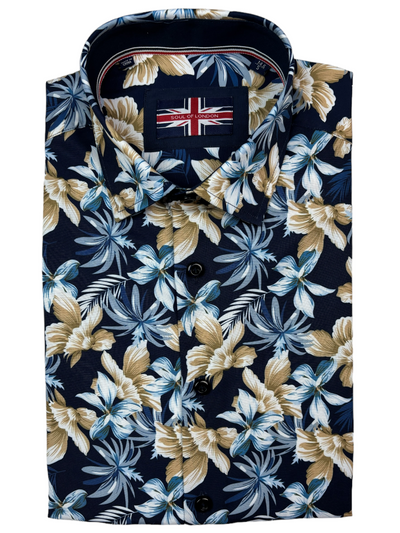 Chemise manches courtes performante extensible marine à motif floral