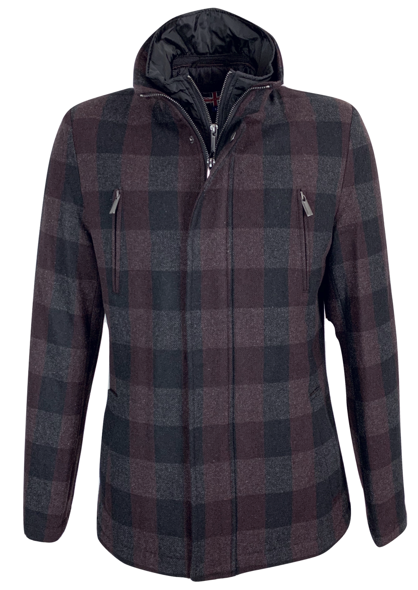Manteau double col en laine à carreaux bourgogne