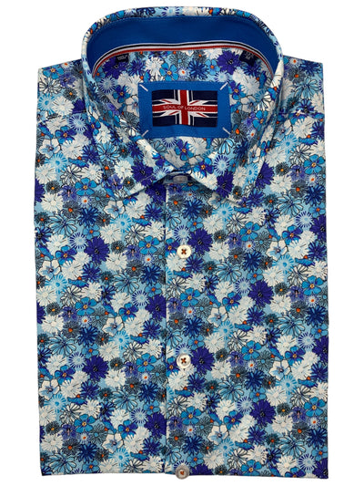 Chemise manches courtes extensible bleue à imprimé floral