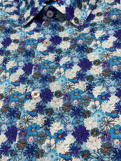 Chemise manches courtes extensible bleue à imprimé floral